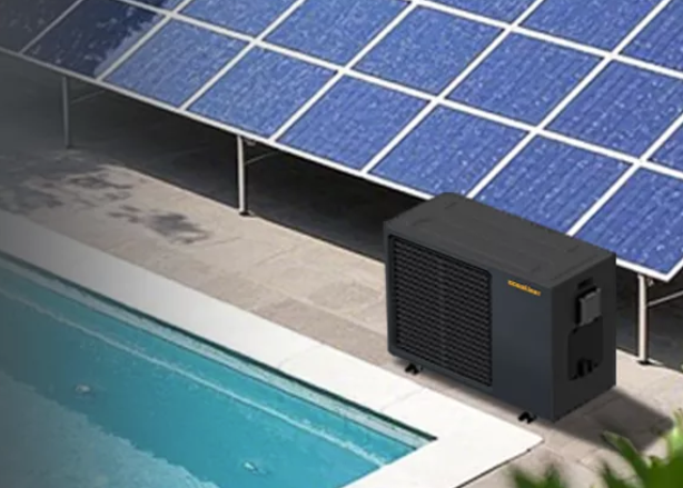 Egy napelemes hőszivatty&uacute;s rendszer k&eacute;pe, amely hőszivatty&uacute;hoz csatlakozik, &eacute;s hat&eacute;kony fűt&eacute;st &eacute;s hűt&eacute;st biztos&iacute;t meg&uacute;jul&oacute; energi&aacute;n kereszt&uuml;l.