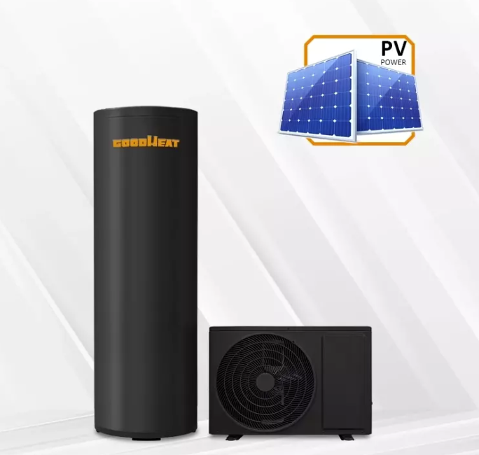 photovoltaic heat pump صورة لنظام المضخة الحرارية الكهروضوئية، تعرض الألواح الشمسية التي تعمل على تشغيل مضخة حرارية لتحقيق كفاءة التدفئة والتبريد.
