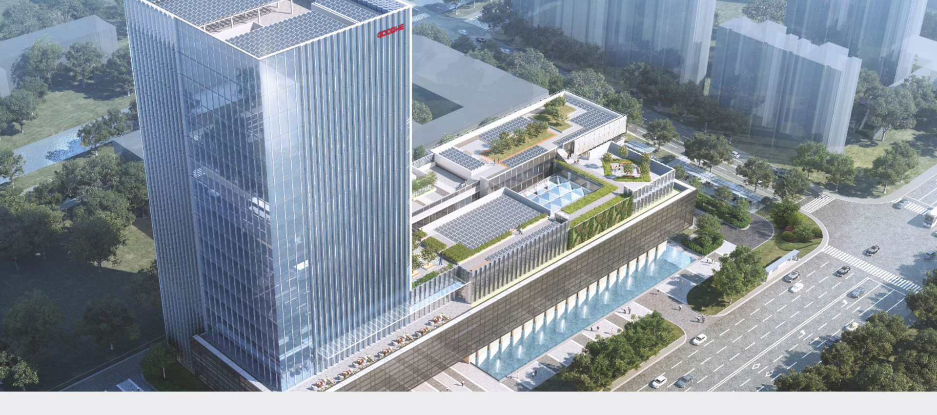 Goodheat Surtenable Sede con arquitectura moderna con matrices solares en la azotea y características de agua ecológica