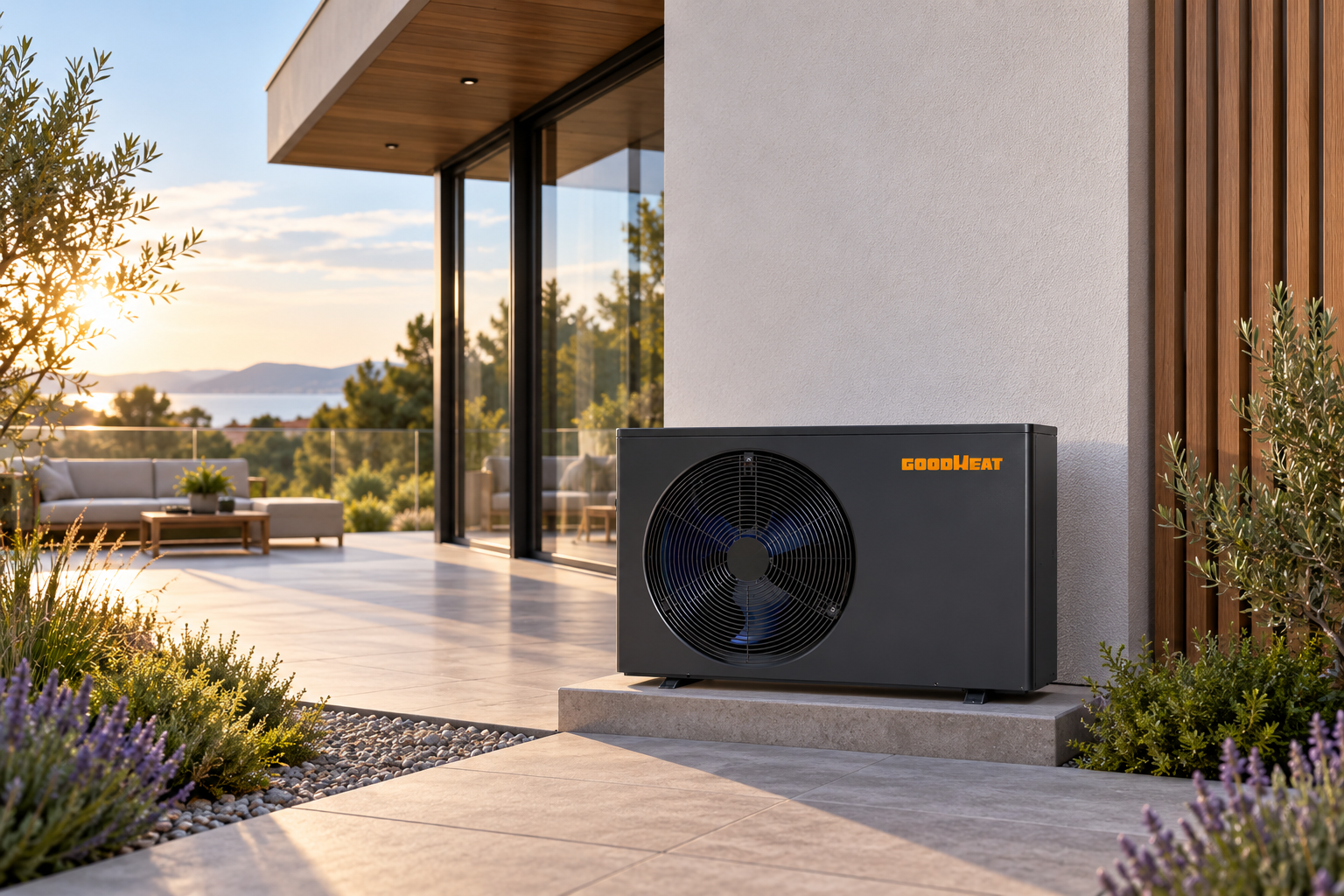 GOODHEAT R410A тұрғын үй террассасының жанындағы сыртқы су жылыту қондырғысы