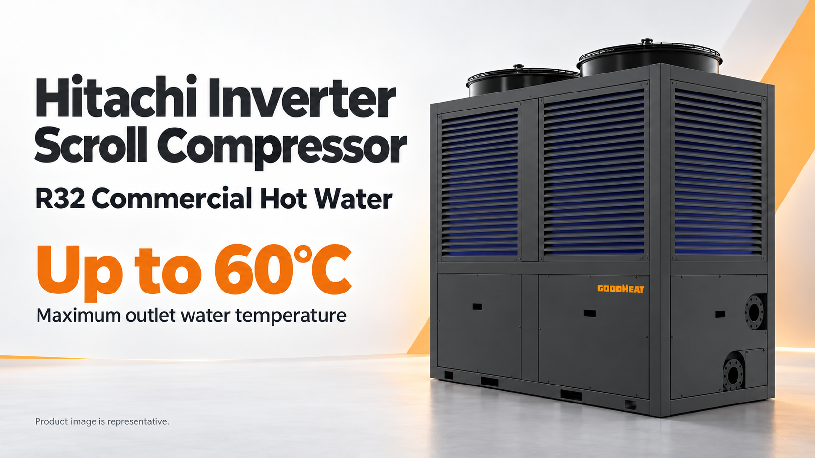 GOODHEAT مضخة حرارية R32 تتميز بضاغط حلزوني عاكس من هيتاشي وماء ساخن يصل إلى 60 درجة مئوية